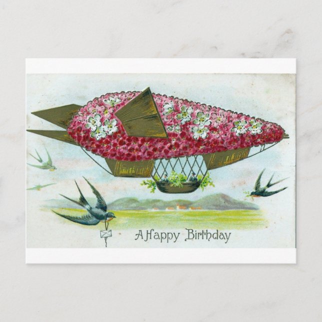 Carte Postale Ballon dirigeable d'anniversaire et oiseaux bleus (Devant)