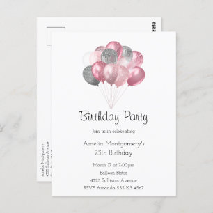 Carte Postale Ballon Pailleté Bouquet Rose et Argent Anniversair