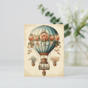 Carte Postale Ballon vintage Steampunk Floral Blue Hot Air