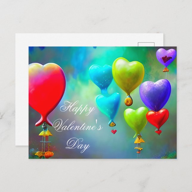 Carte Postale Ballons à coeur flottants valentine (Devant / Derrière)