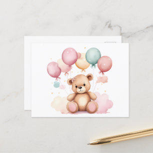 Carte Postale Ballons Baby shower en aquarelle mignonne Ours en