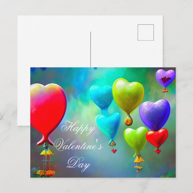 Carte Postale Ballons coeur flottants valentin (Devant / Derrière)