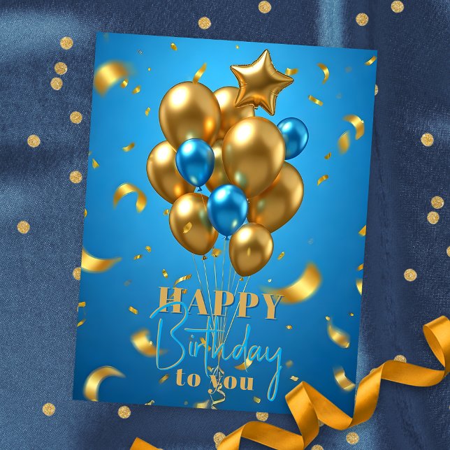 Carte Postale Ballons dorés et bleus et Confetti Anniversaire (Créateur téléchargé)