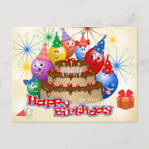 Carte Postale Ballons drôles de joyeux anniversaire et gâteau au