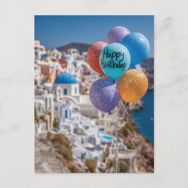 Carte Postale Ballons Joyeux Anniversaire à Santorin, Grèce (Devant)
