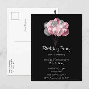 Carte Postale Ballons Pailletés Rose et Argent Anniversaire