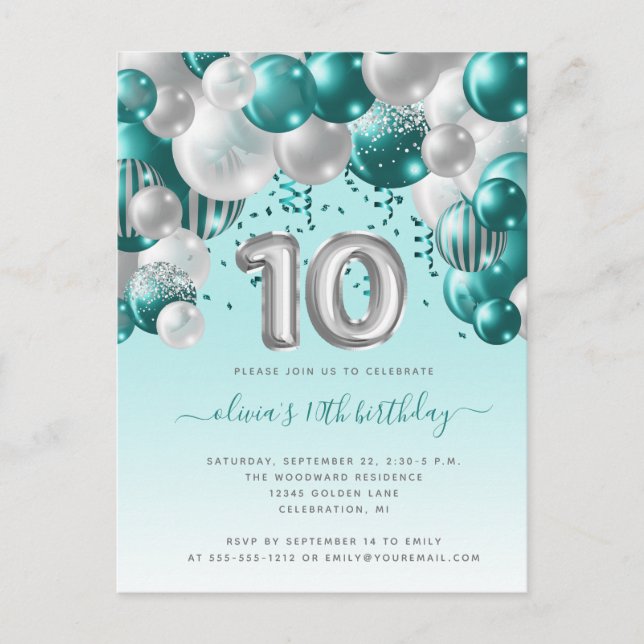 Carte Postale Balloon Arch Turquoise Argent 10e anniversaire fêt (Devant)