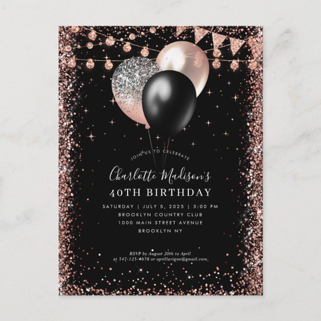 Carte Postale Balloon Rose noir Parties scintillant or n'importe (Devant)