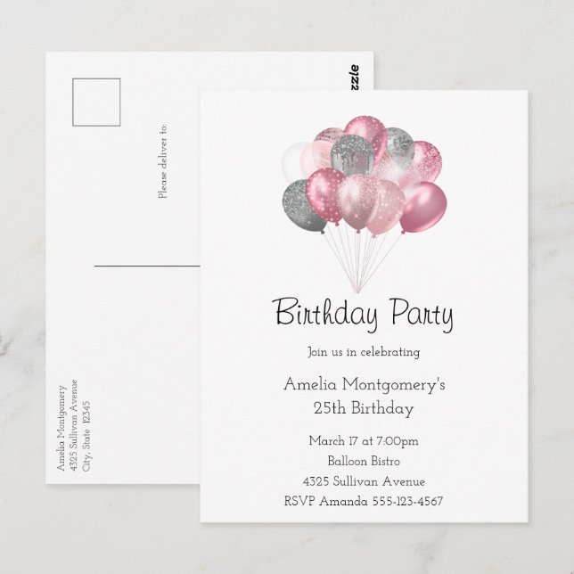 Carte Postale Balloons Pailletés Rose et Argent Anniversaire (Devant / Derrière)