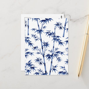 Carte Postale Bambou Chanceux Style Imari Bleu Blanc