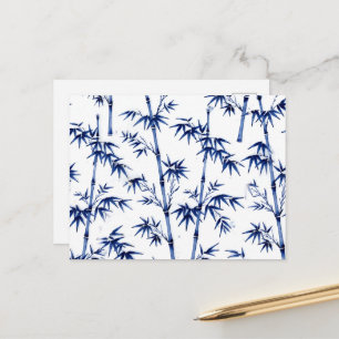 Carte Postale Bambou Chanceux Style Imari Bleu Blanc 