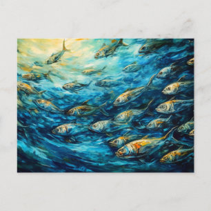 Carte Postale Banc de poissons dans une peinture océanique expre