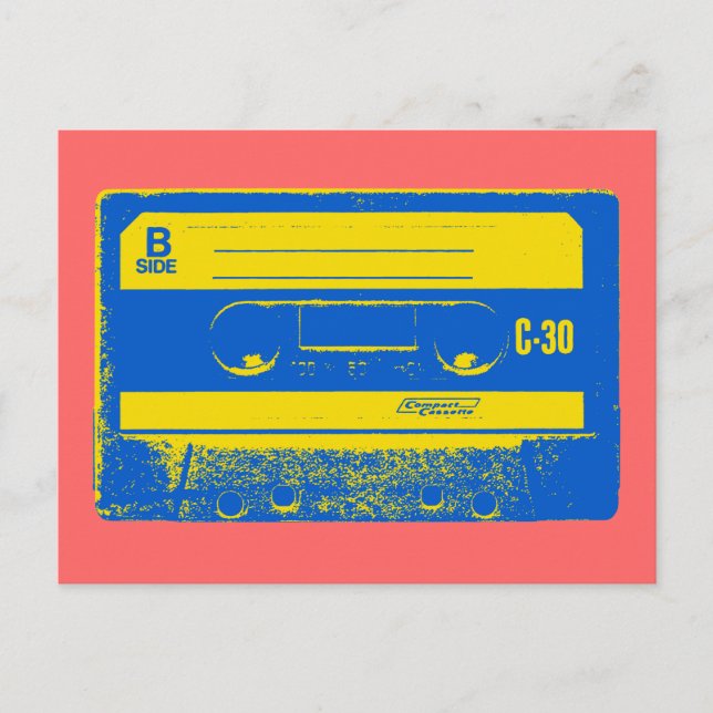 Carte Postale Bande Cassette Rétro Bleue et Jaune (Devant)