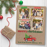 Carte Postale Bande d'artisanat Rouge Camion de Noël Kraft Photo<br><div class="desc">Joyeux Noël 4 Photo Collage Carte postale de vacances comprend Bande d'artisanat et aquarelle Camion rouge Vintage avec arbre de Noël. Papier Rustique Kraft.</div>