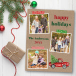Carte Postale Bande d'artisanat Rouge Camion de vacances Kraft<br><div class="desc">Happy Holidays 3 Photo Collage Carte postale de vacances inclut Bande d'artisanat et aquarelle Camion rouge Vintage avec sapin de Noël. Papier Rustique Kraft.</div>