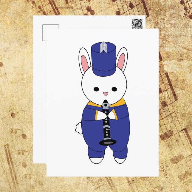 Carte Postale Bande de Marquage de lapin Clarinet bleu jaune (A postcard with a rabbit playing the clarinet in a blue and yellow marching band uniform.)