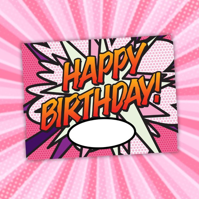 Carte Postale Bande dessinée rose amusante BONNE ANNIVERSAIRE (Fun Pink Comic Book HAPPY BIRTHDAY Postcard)