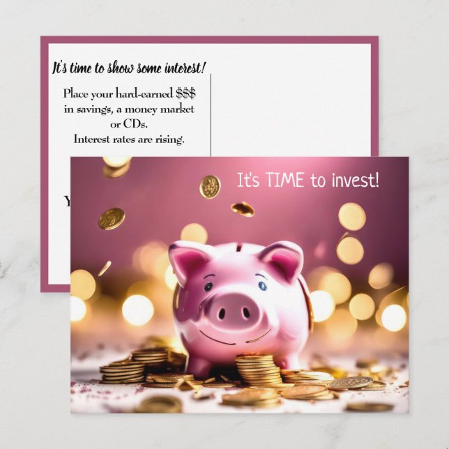 Carte Postale Banque Rose Piggy Avec Pièces (Devant / Derrière)