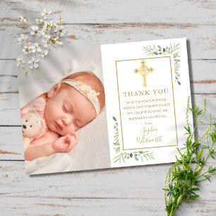 Carte Postale Baptême Christening Croix Dorée de Feuillage Photo