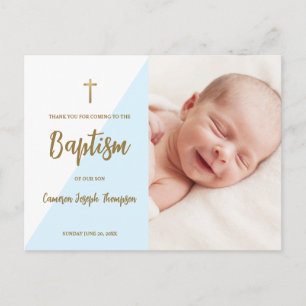 Carte Postale Baptême de bébé garçon personnalisé croix Or Bleu 