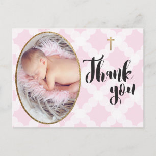 Carte Postale Baptême de fille rose et blanche Merci Baptême