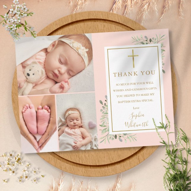 Carte Postale Baptême Rouge Gaze Merci (Baptism Blush Pink Thank You Postcard)
