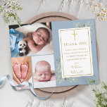 Carte Postale Baptême vert 3 Photo Dusty Merci bleu<br><div class="desc">Baptême signature or photo de baptême merci carte postale. Personnalisez avec vos 3 photos et baptême spécial,  christening message de remerciement en lettres d'or chic sur ce design moderne élégant bleu poussiéreux. Conçu par Thisisnotme©</div>