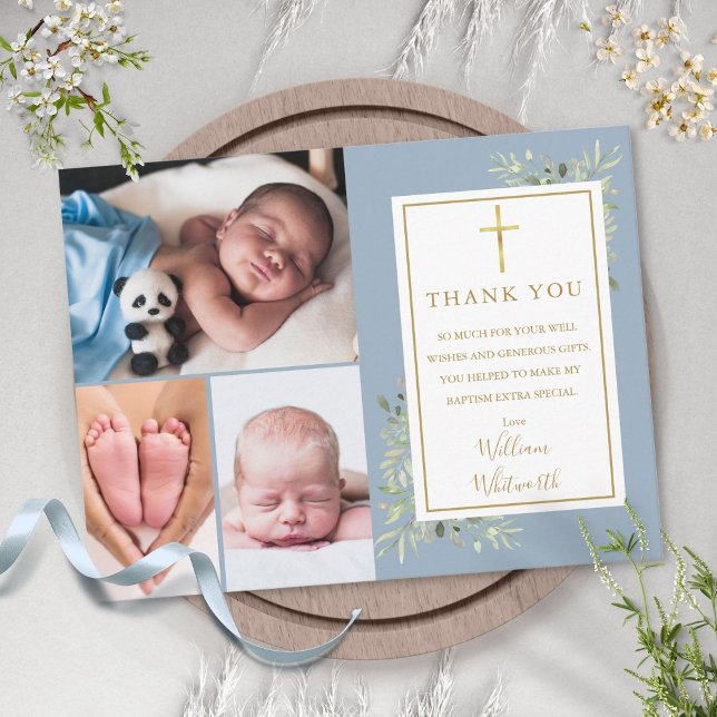 Carte Postale Baptême vert 3 Photo Dusty Merci bleu (Baptism Greenery 3 Photo Dusty Blue Thank You Postcard)
