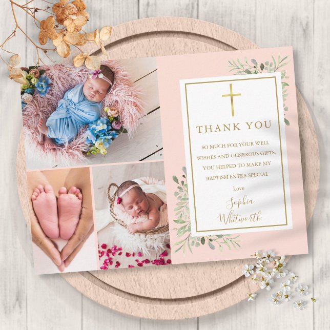 Carte Postale Baptême vert rose pâle 3 Merci photo (Baptism Greenery Blush Pink 3 Photo Thank You Postcard)