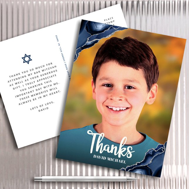 Carte Postale Bar Mitzvah Photo Merci Navy Blue Agate Script (Créateur téléchargé)