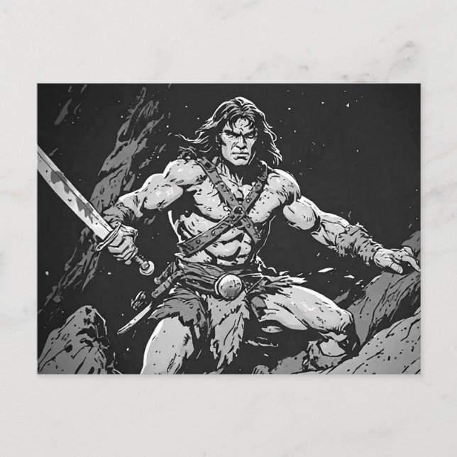 Carte Postale Barbare avec une large épée style graphique encre  (Devant)