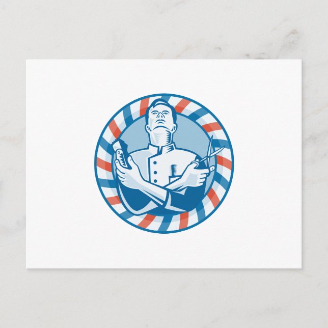 Carte Postale Barbier Avec Clipper Hair Cutter et Ciseaux (Devant)