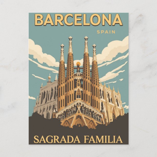 Carte Postale Barcelona Sagrada Familia Vintage Travel Art (Devant)