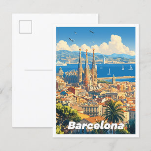 Carte Postale Barcelone Espagne Art Vintage Illustration Voyage