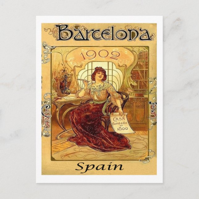 Carte Postale Barcelone, Espagne, femme écrivant une lettre, vin (Devant)