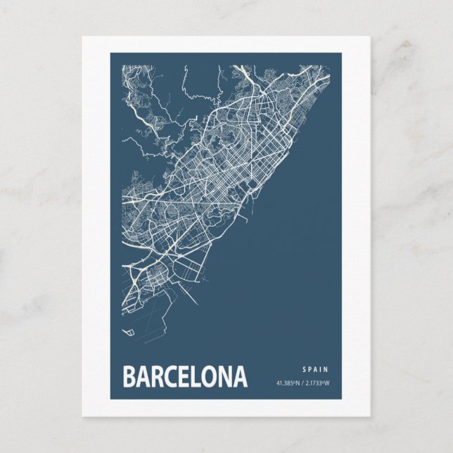 Carte Postale Barcelone Espagne Plan de la ville Ligne Art Blue  (Devant)