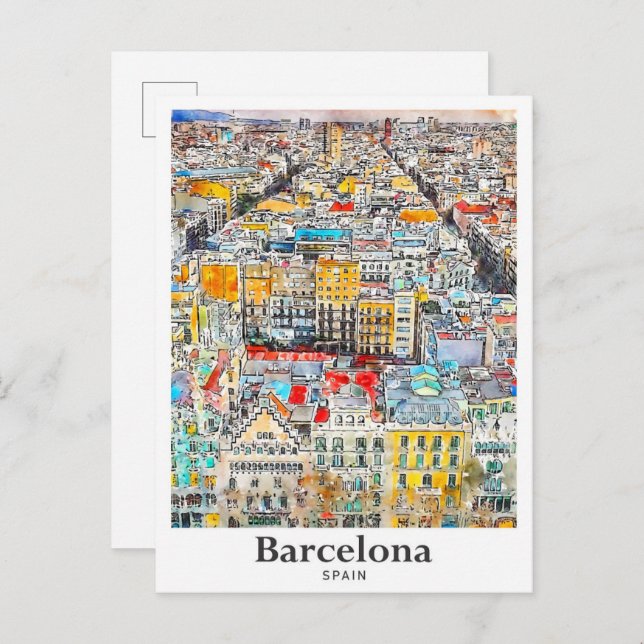 Carte Postale Barcelone Espagne Voyage Aquarelle main tiré (Devant / Derrière)