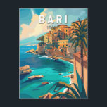 Carte Postale Bari Italie Voyage Art Vintage<br><div class="desc">Conception de voyage rétro de Bari. Bari est une ville portuaire sur la mer Adriatique et la capitale de la région des Pouilles dans le sud de l'Italie.</div>