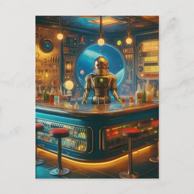 Carte Postale Barman Robot dans un bar interstellaire à l'ère sp (Devant)