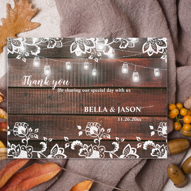 Carte Postale Barn Lace Wood Rustic Chic Wedding Thank You (Rustic Wood String Lights Wedding Thank You Card | Barn Lace Wood Rustic Chic Thank You)