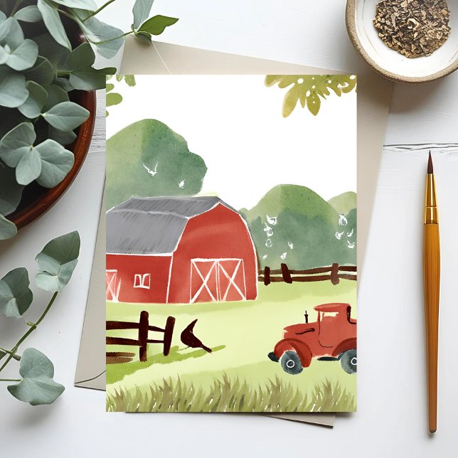 Carte Postale Barne rouge | Peinture de tracteur d'aquarelle agr (Créateur téléchargé)