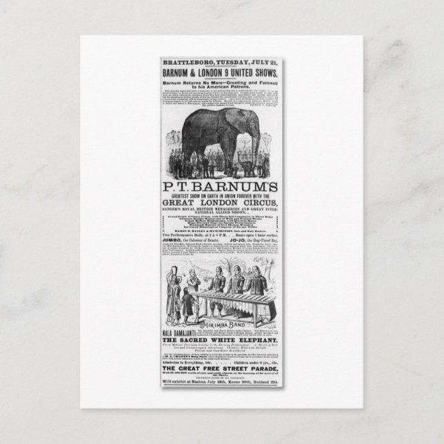Carte Postale Barnum & Londres 9 United Shows Ad (Devant)