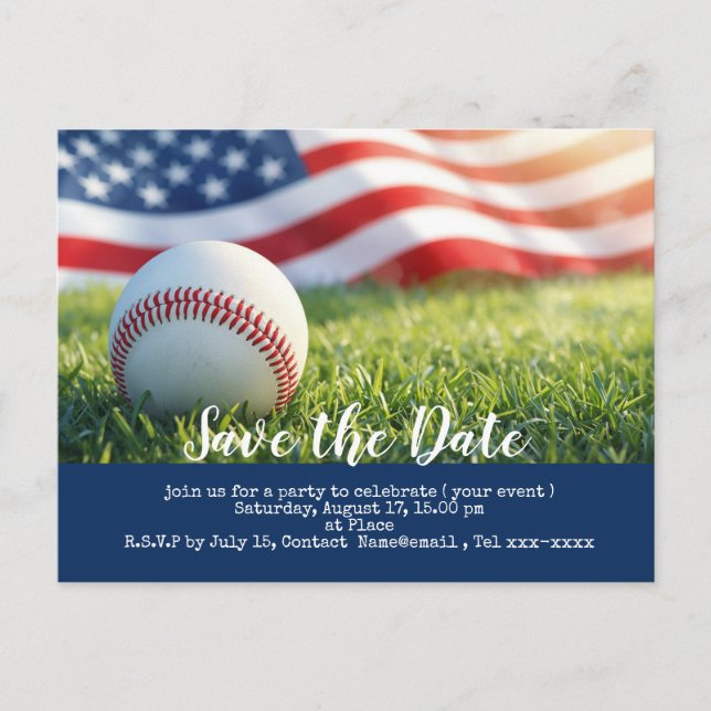 Carte Postale Base-ball sauve la date avec le drapeau de l'Améri (Devant)