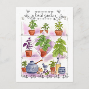 Carte Postale Basil Garden Aquarelle Herbe Art Pesto Ail