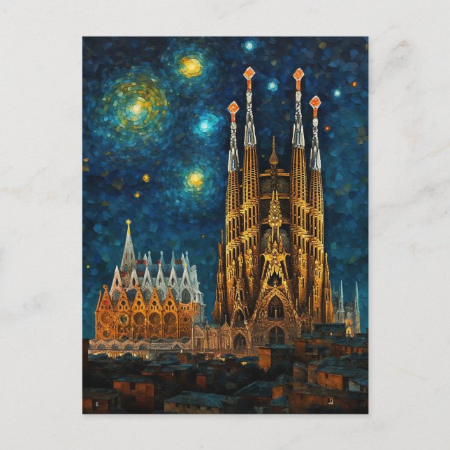 Carte Postale Basilique de Barcelone Sagrada Família Nuit étoilé (Devant)