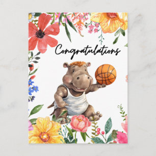 Carte Postale Basketball Félicitations avec Hippopotame