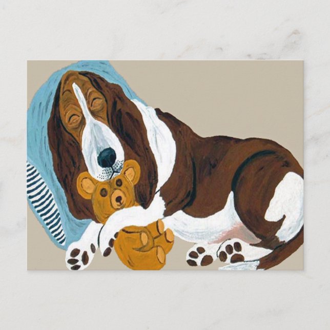 Carte Postale Basset endormi avec Teddy (Devant)