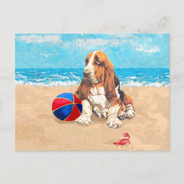 Carte Postale Basset Hound à la plage (Devant)