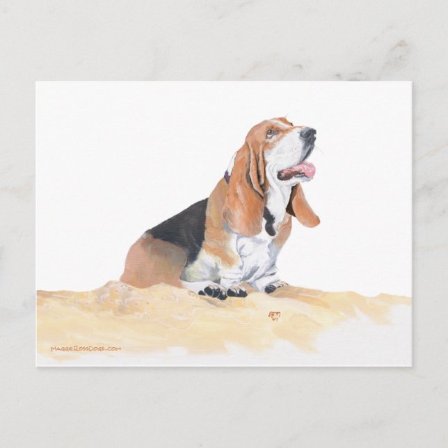 Carte Postale Basset Hound à la plage (Devant)