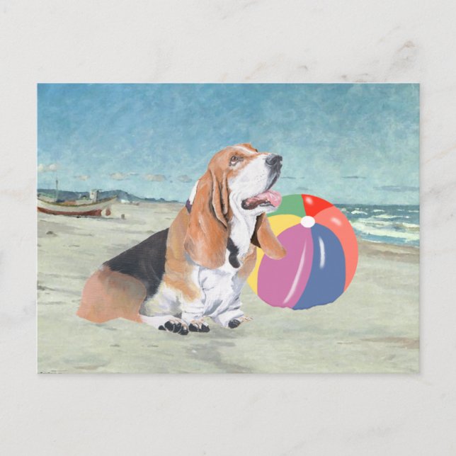 Carte Postale Basset Hound à la Plage (Devant)